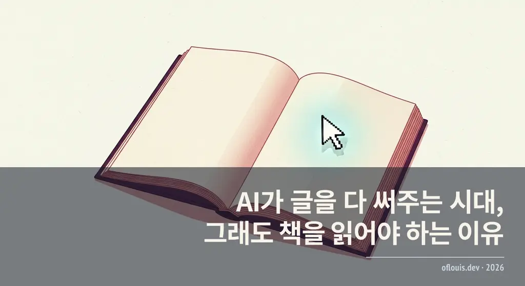 펼쳐진 종이책 위에 흩어진 발광 입력 커서들 — AI 시대에 다시 손에 잡히는 책의 자리